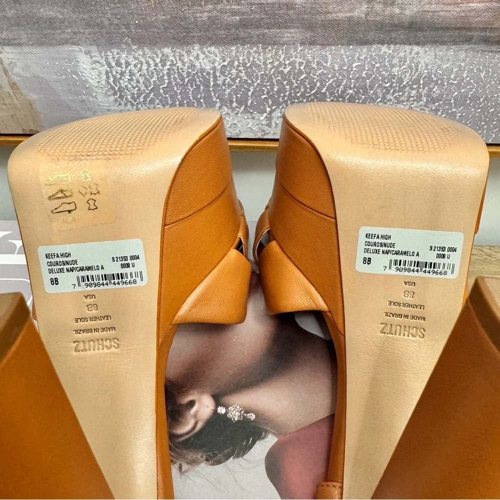 ❤️ NEW Schutz Keefa High Heels Platform Sandals Caramelo Tan Cognac Napa Leather - Picture 9 of 12